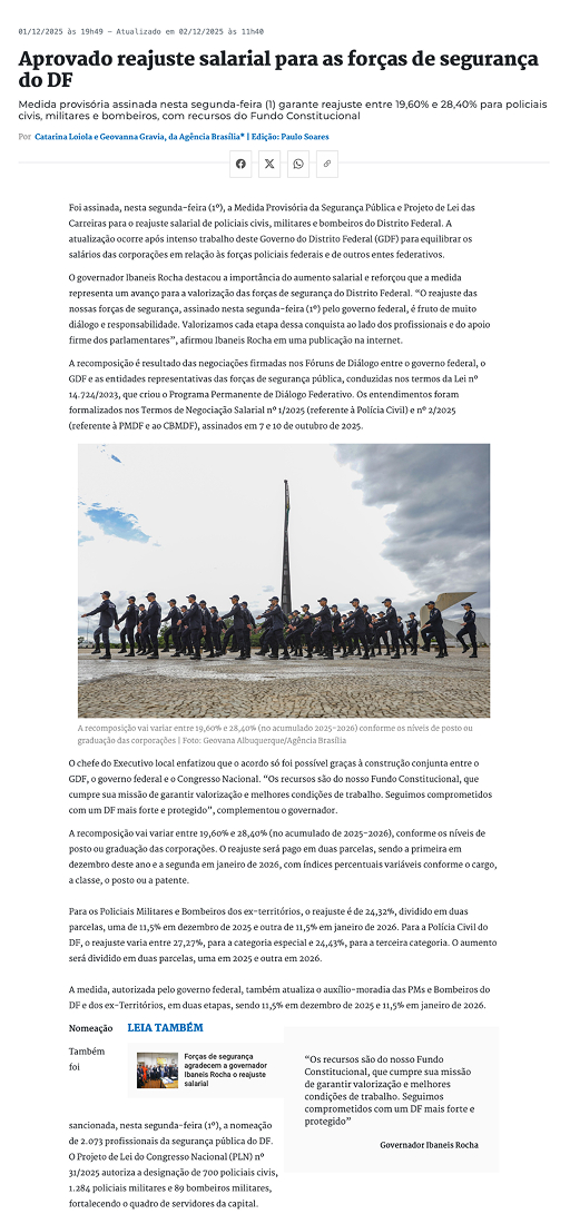 Aprovado reajuste salarial para as forças de segurança do DF