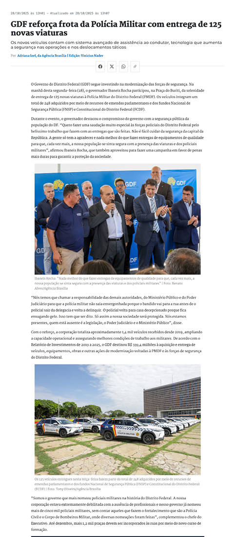 GDF reforça frota da Polícia Militar com entrega de 125 novas viaturas